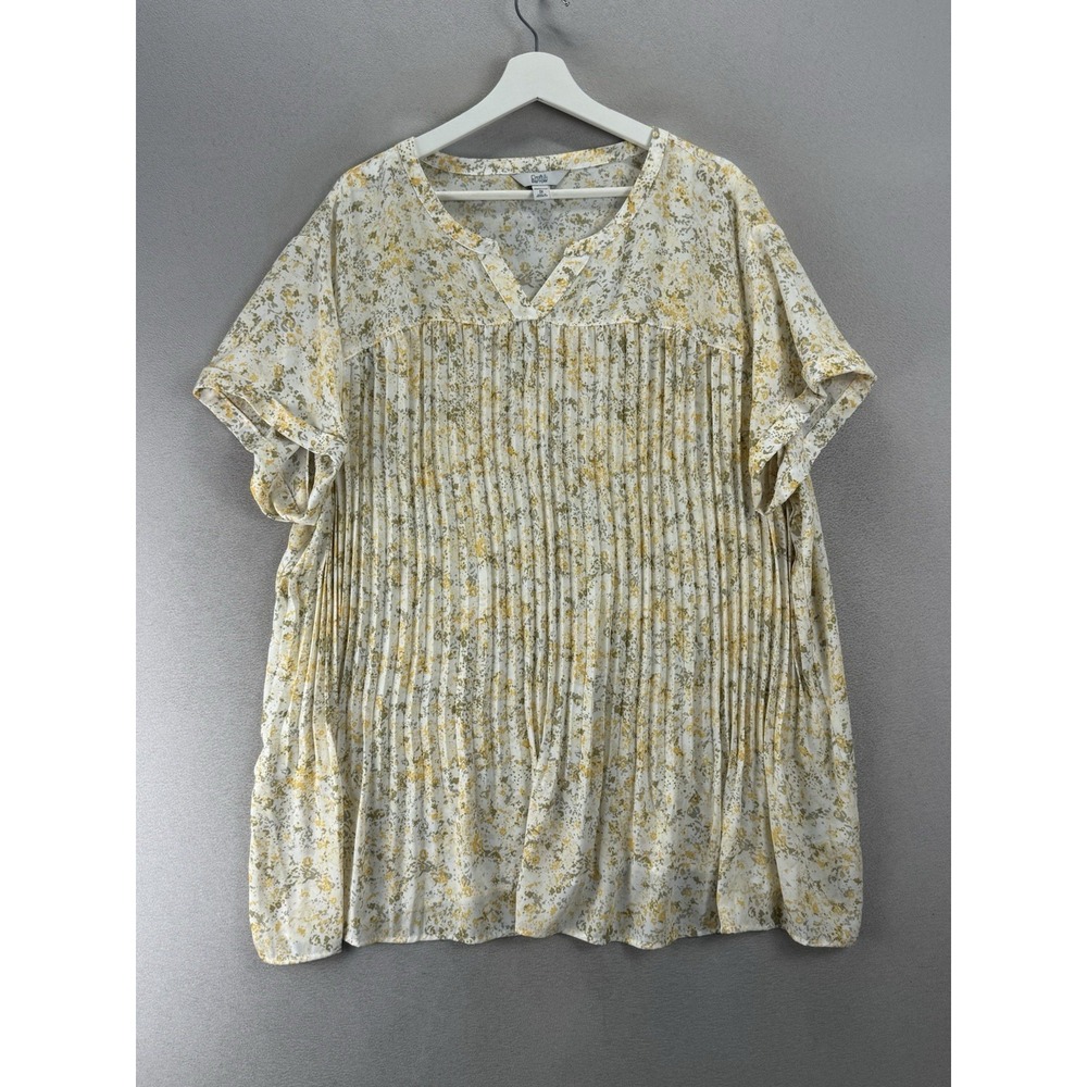 Croft & Barrow Women's 3X Sheer Floral Pleated Blouse Yellow White Short Sleeve